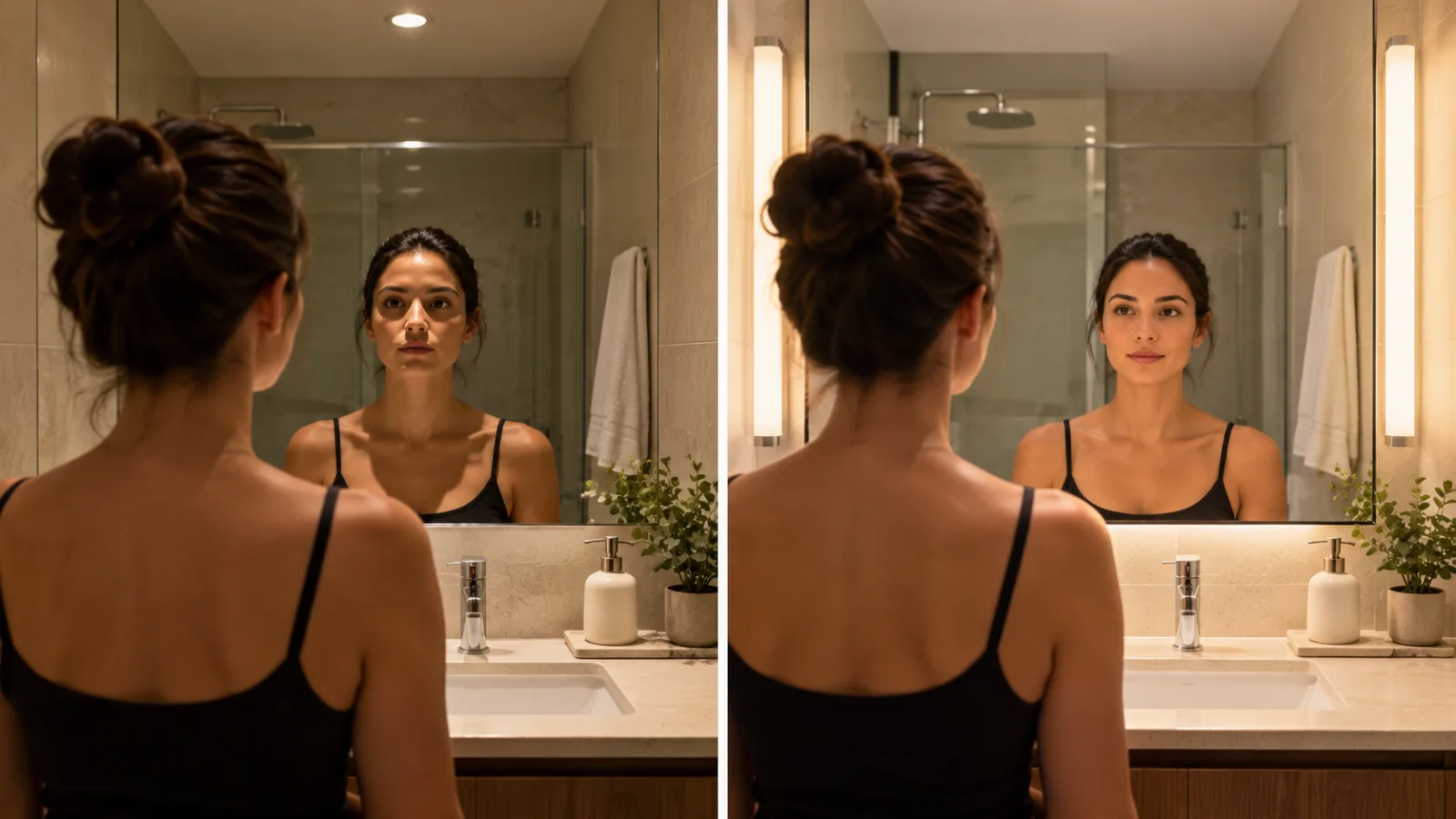 Banheiro pequeno e chique: 9 ideias para um espaço sofisticado 5 Comparação de iluminação de espelho em banheiro pequeno: spot no teto criando sombras no rosto e luz lateral proporcionando iluminação mais uniforme