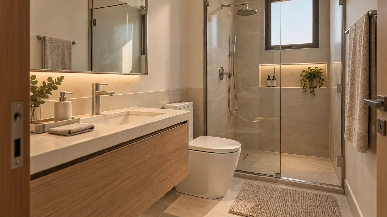 Banheiro pequeno e chique: 9 ideias para um espaço sofisticado 8 Banheiro pequeno contemporâneo com metais escovados, gabinete de madeira clara, bancada neutra, box de vidro e acessórios discretos.