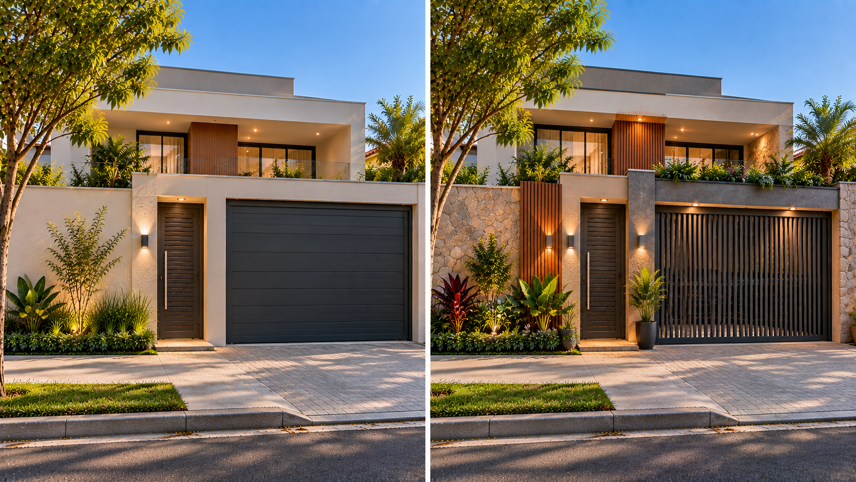 Fachada de Muro Simples: Ideias e Dicas Para Valorizar Sua Casa 16 Comparação entre fachada de muro equilibrada e composição com excesso de elementos