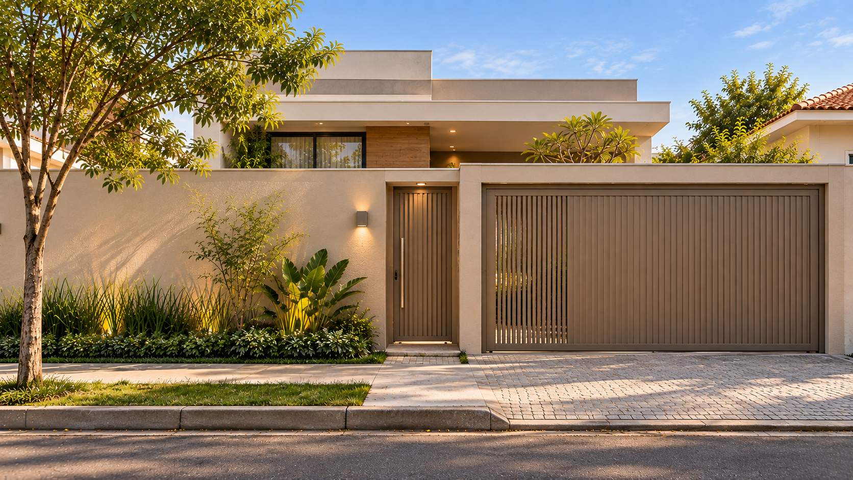 Fachada de Muro Simples: Ideias e Dicas Para Valorizar Sua Casa 9 Muro simples com portão metálico e jardim frontal