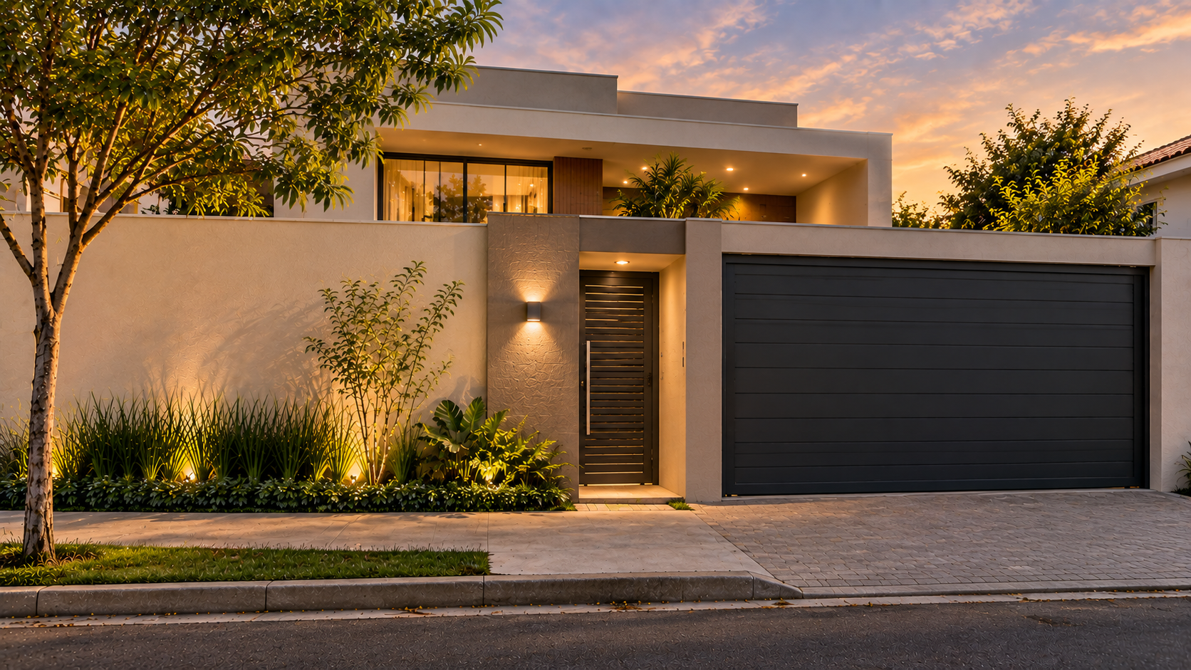 Fachada de Muro Simples: Ideias e Dicas Para Valorizar Sua Casa 11 Fachada de muro simples com volumes, pintura e iluminação discreta