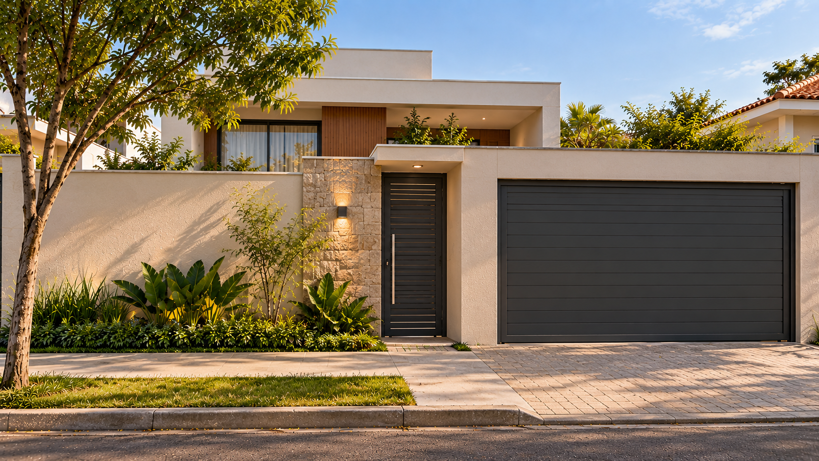 Fachada de Muro Simples: Ideias e Dicas Para Valorizar Sua Casa 10 Muro simples com revestimento de pedra em destaque junto à entrada