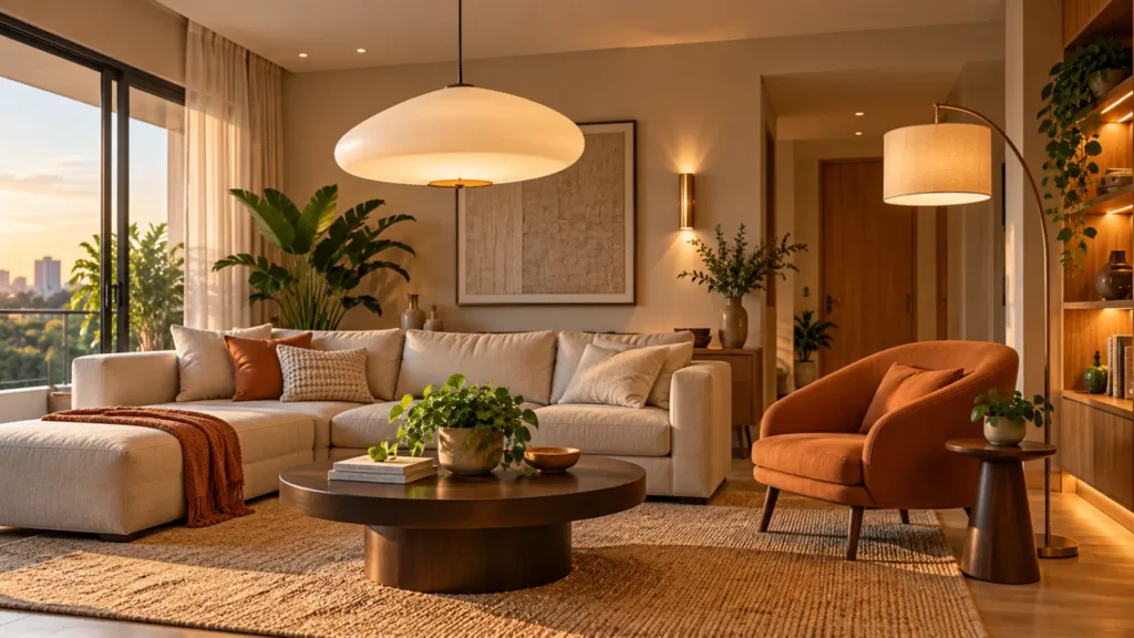 Sala de estar contemporânea com pendente decorativo, arandela e luminária de piso compondo diferentes pontos de iluminação.