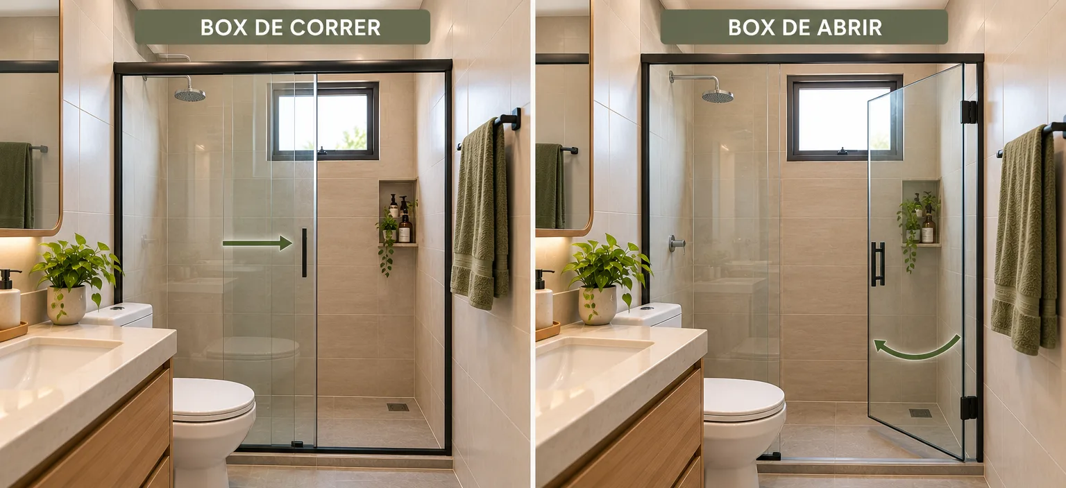Box de correr ou de abrir para banheiro pequeno Comparação entre box de vidro com porta de correr e porta de abrir em banheiro pequeno, mostrando a circulação