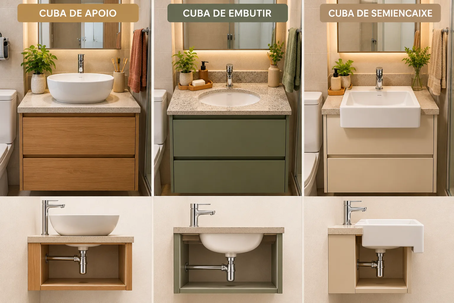 Tipos de cuba para banheiro pequeno: apoio, embutir e semiencaixe Comparação de cuba de apoio, cuba de embutir e cuba de semiencaixe em bancadas de banheiro pequeno