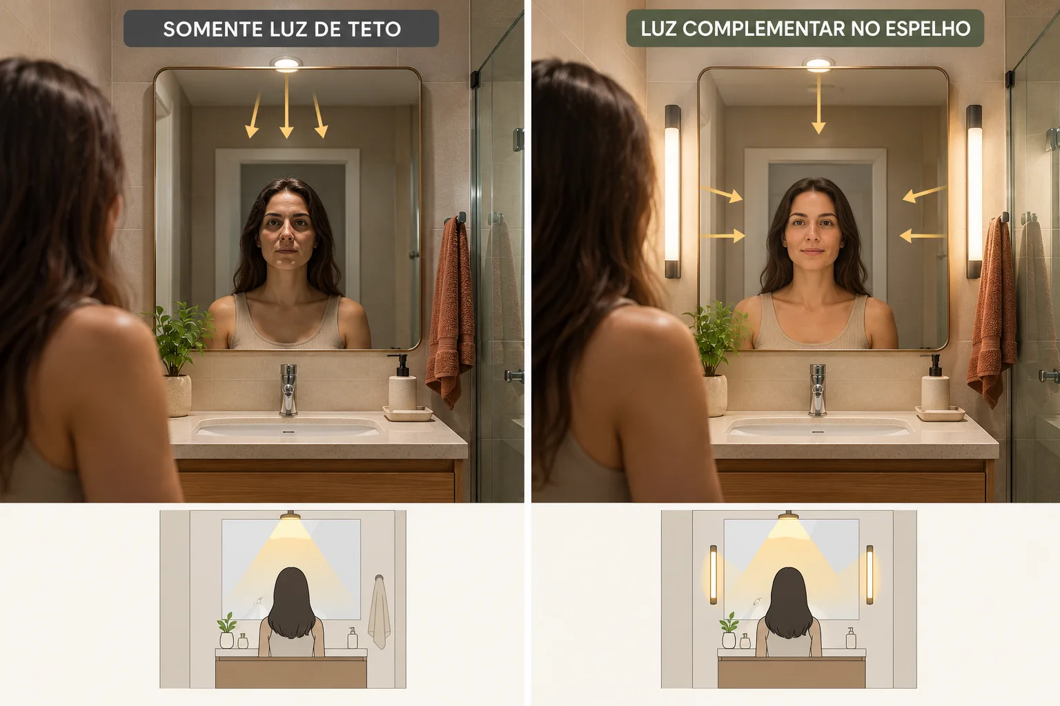 Banheiro pequeno: como planejar, decorar e aproveitar o espaço 2 Comparação entre iluminação central que cria sombras no rosto e iluminação distribuída ao lado do espelho de banheiro pequeno