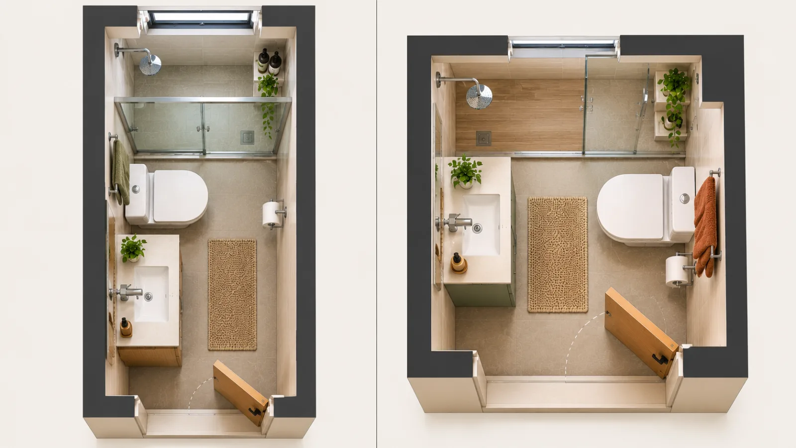 Duas opções de layout para banheiro pequeno Duas plantas ilustrativas de banheiro pequeno comparando a posição do lavatório, vaso sanitário, box e porta
