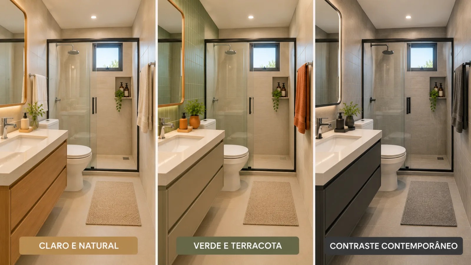 Três paletas de cores para banheiro pequeno Mesmo banheiro pequeno apresentado em três paletas: bege natural, verde-sálvia com terracota e contraste contemporâneo escuro