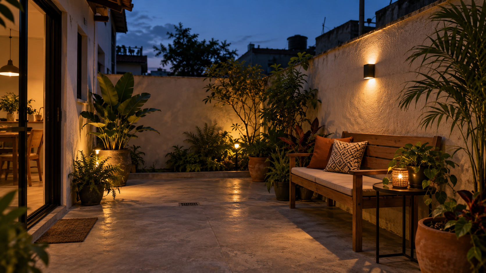 Quintal simples com iluminação quente e indireta à noite