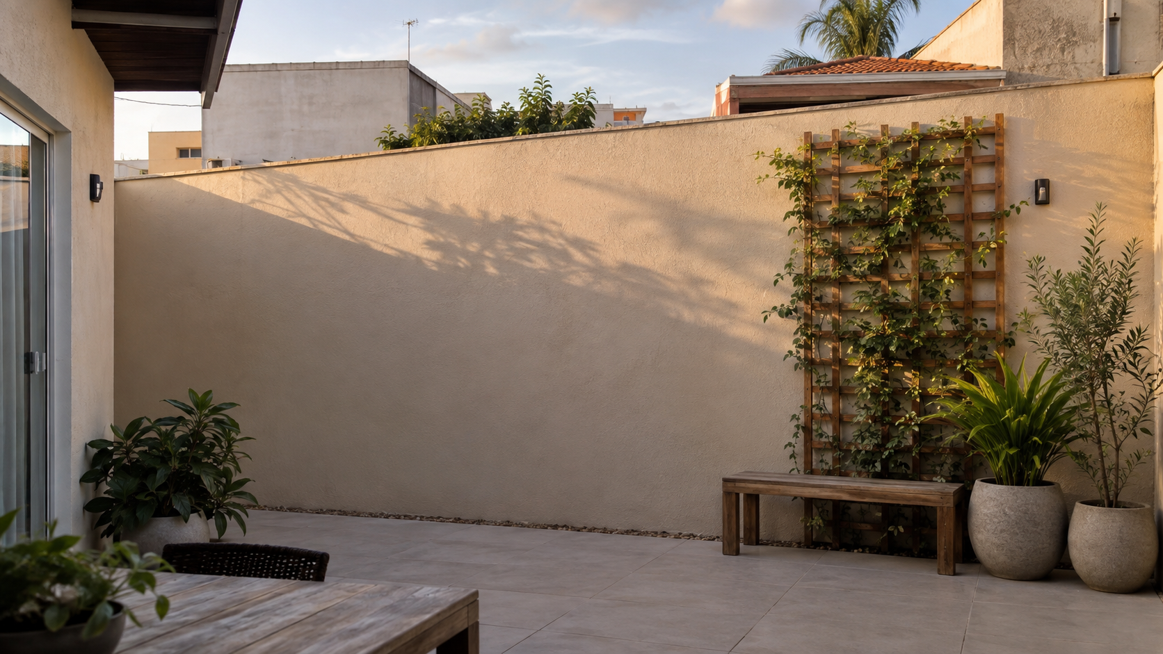 Muro de quintal transformado com pintura, treliça e plantas