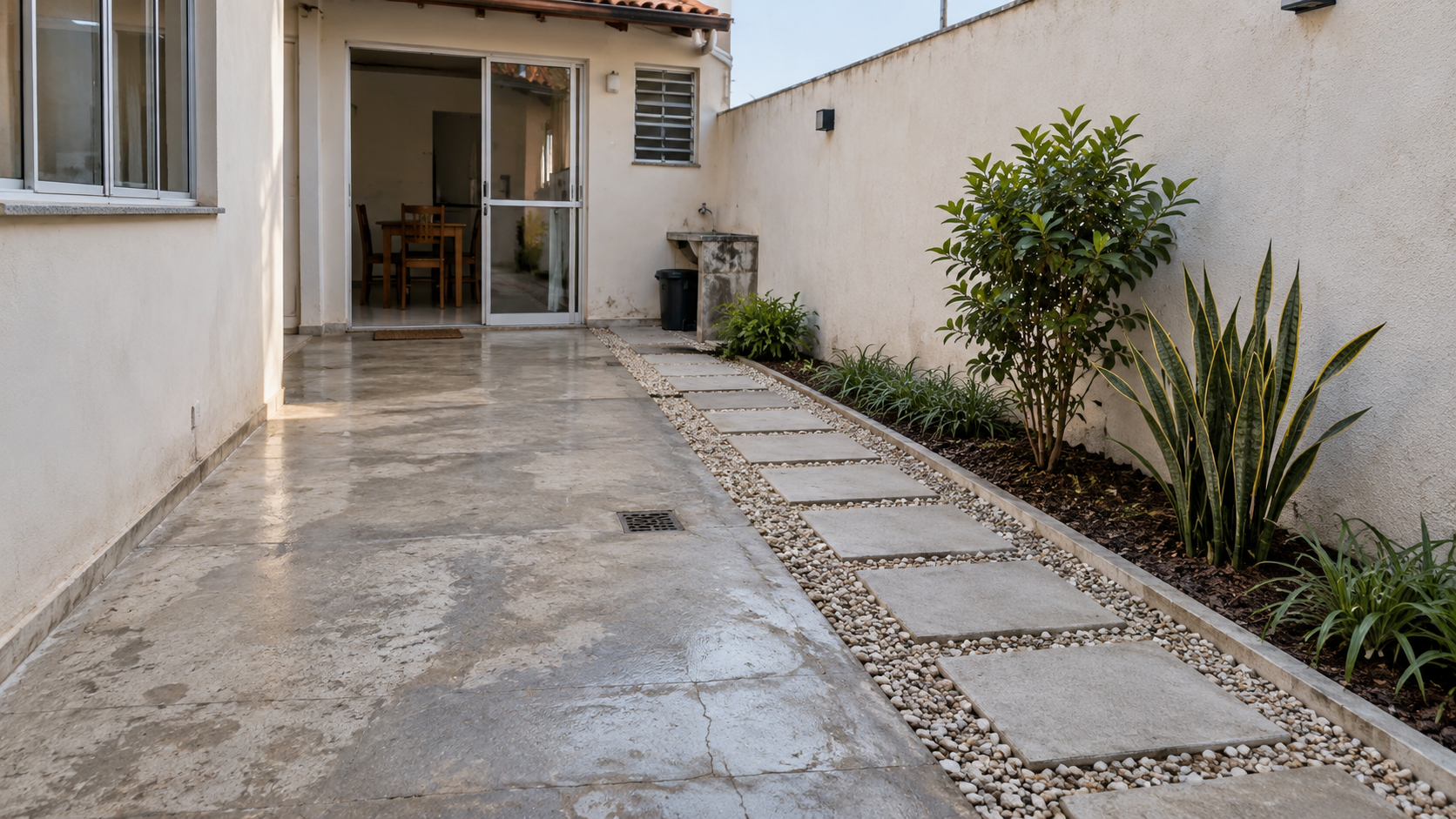 Quintal simples com piso existente, pedrisco e caminho de concreto