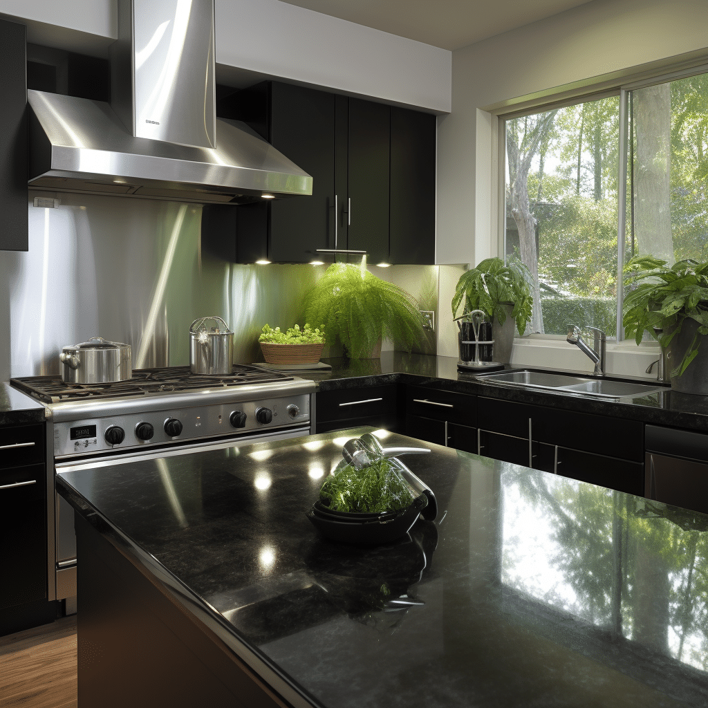 Elegância Atemporal: Transforme Sua Cozinha com Balcão Preto e Crie um Ambiente Sofisticado e Prático. 1 Cozinha com Balcão Preto