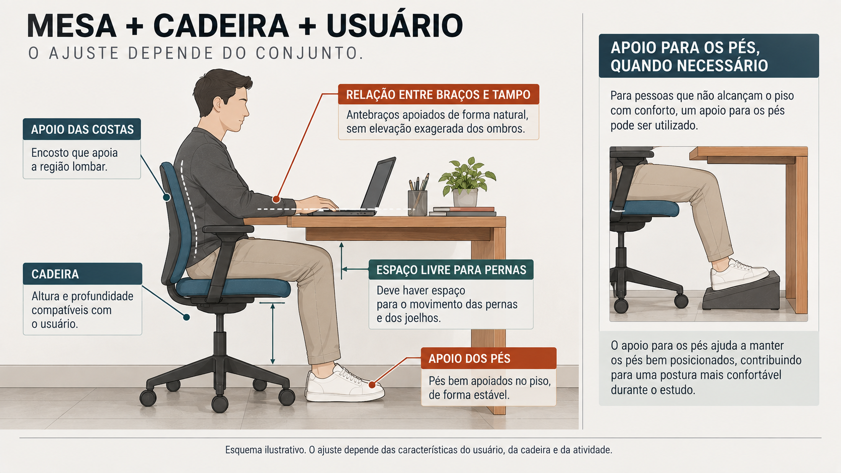 Diagrama lateral de pessoa sentada mostrando relação entre cadeira, mesa de estudo, braços, pernas e pés