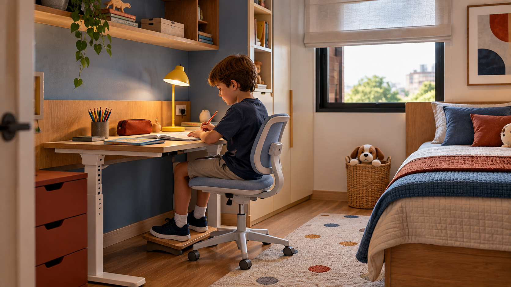 Quarto infantil com mesa de estudo, cadeira ajustável e apoio adequado para os pés