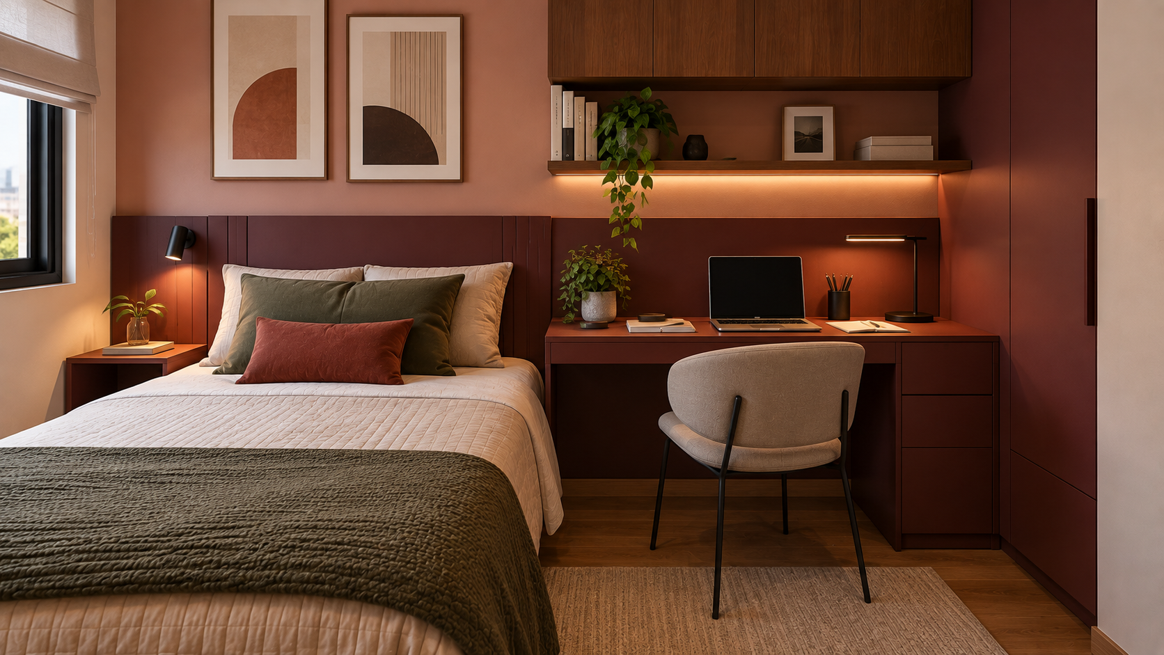 Quarto pequeno com mesa de estudo integrada à cabeceira e à marcenaria