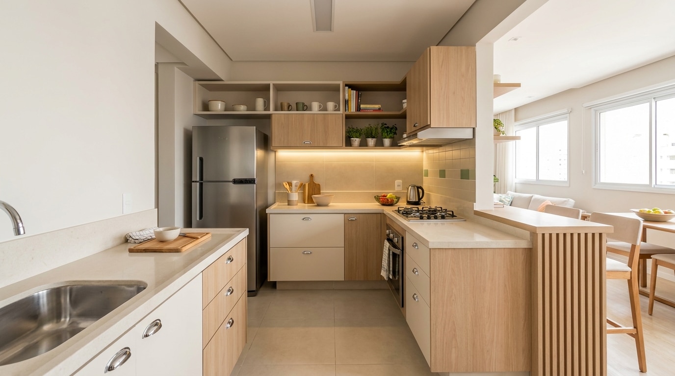 Cozinha pequena: como planejar layout, bancada e circulação 1 Cozinha pequena planejada em L com bancada livre e área central de circulação.