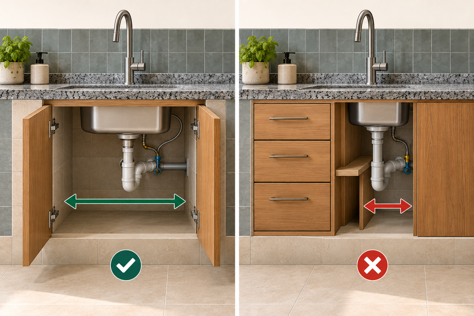 Comparação em corte de duas cozinhas de alvenaria sob a pia: uma com porta aberta e acesso ao sifão e outra com fechamento fixo que dificulta a manutenção.