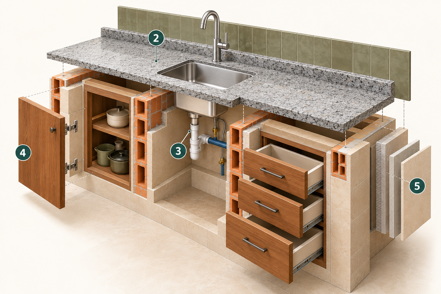 Corte axonométrico de cozinha de alvenaria mostrando apoios construídos, revestimento cerâmico, bancada de granito, cuba de inox e componentes de marcenaria.