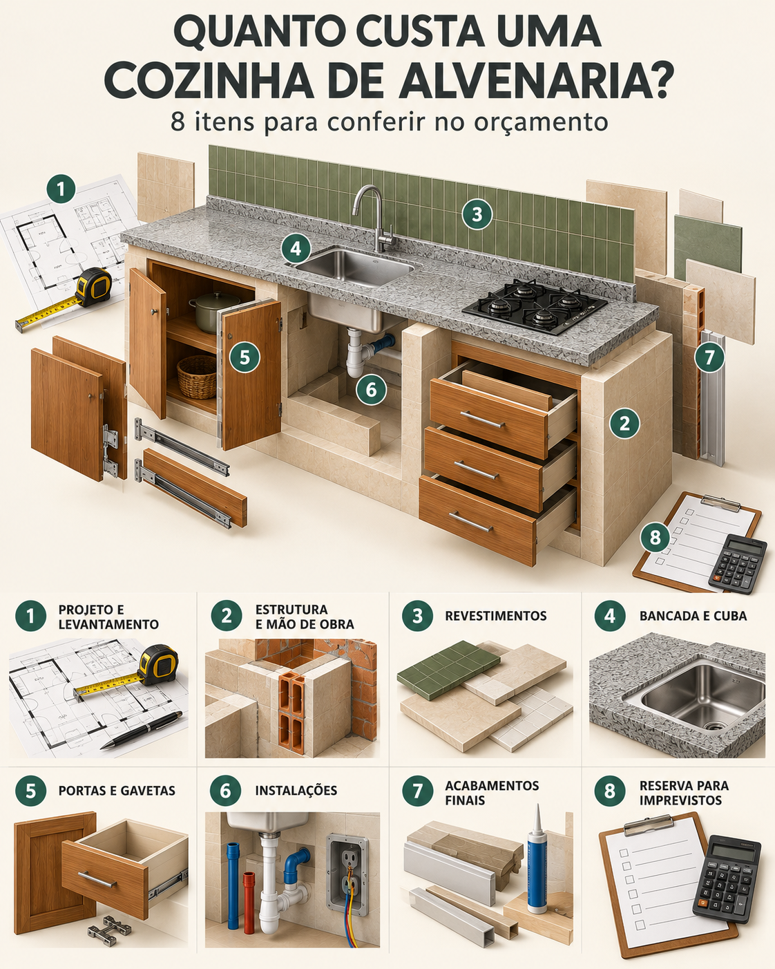 Infográfico com oito componentes do orçamento de uma cozinha de alvenaria, incluindo estrutura, revestimentos, bancada, portas, instalações e reserva para imprevistos.