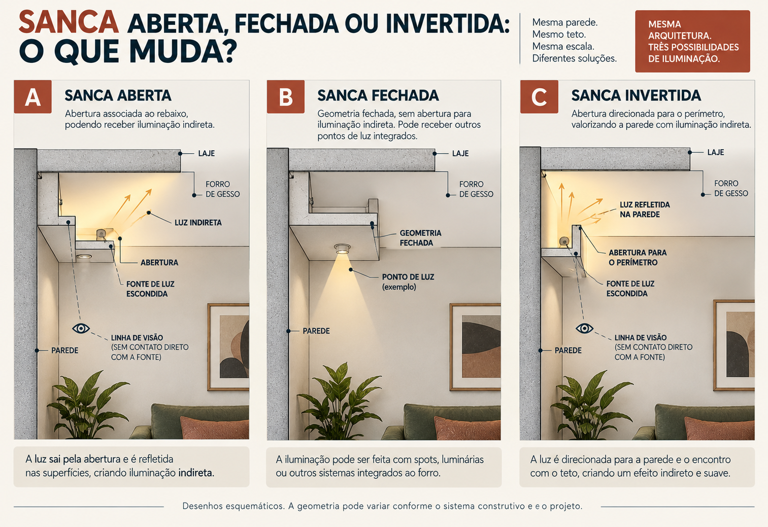 Sanca invertida na sala: como usar, iluminar e planejar 2 Comparação em corte entre sanca aberta, sanca fechada e sanca invertida