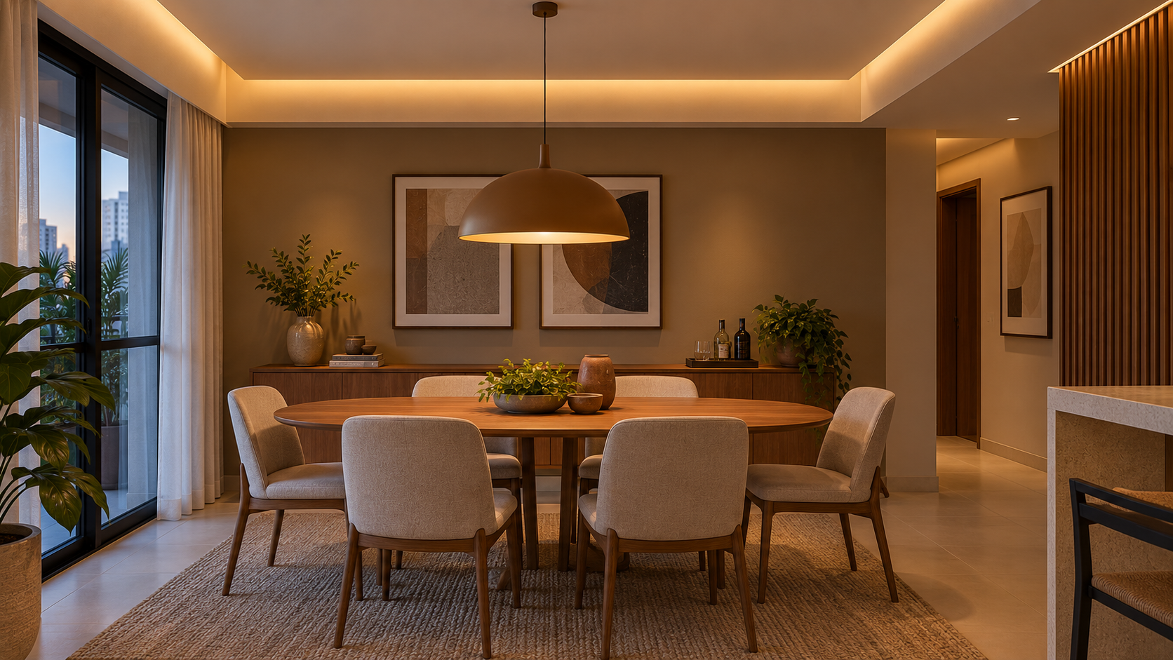 Sanca invertida na sala: como usar, iluminar e planejar 8 Sala de jantar com sanca invertida, iluminação indireta e pendente sobre a mesa