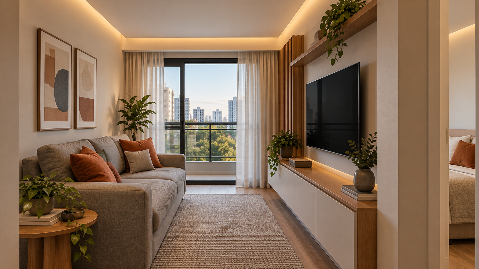 Sanca invertida na sala: como usar, iluminar e planejar 7 Sala pequena de apartamento com sanca invertida e iluminação indireta no perímetro