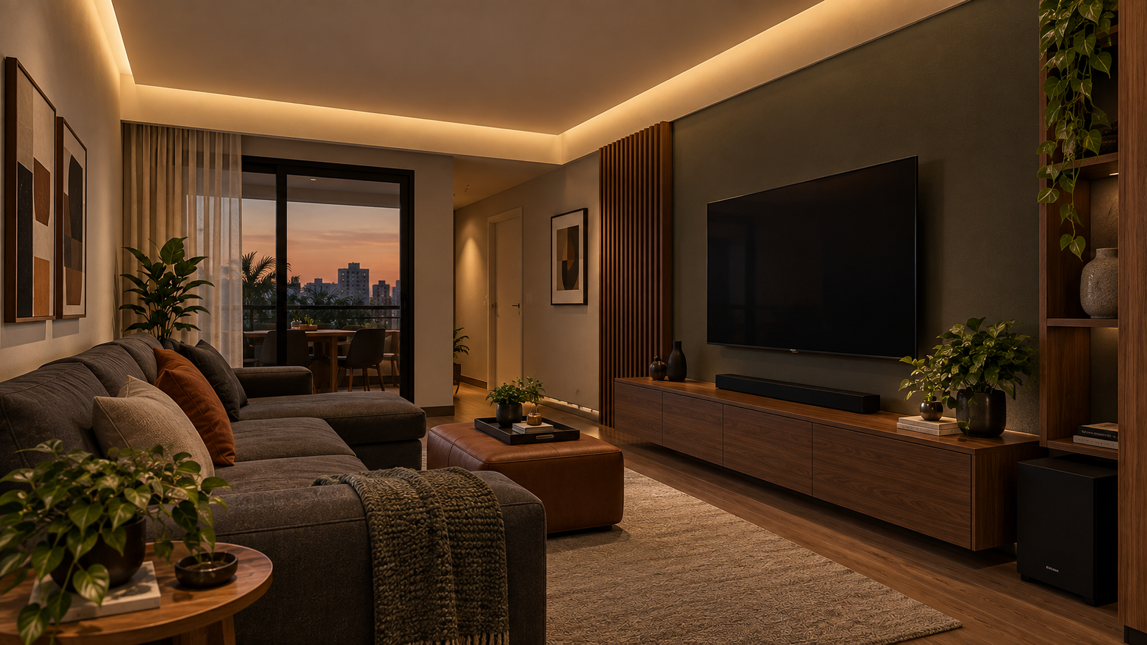 Sanca invertida na sala: como usar, iluminar e planejar 6 Sala de TV com sanca invertida, iluminação indireta suave e painel de madeira