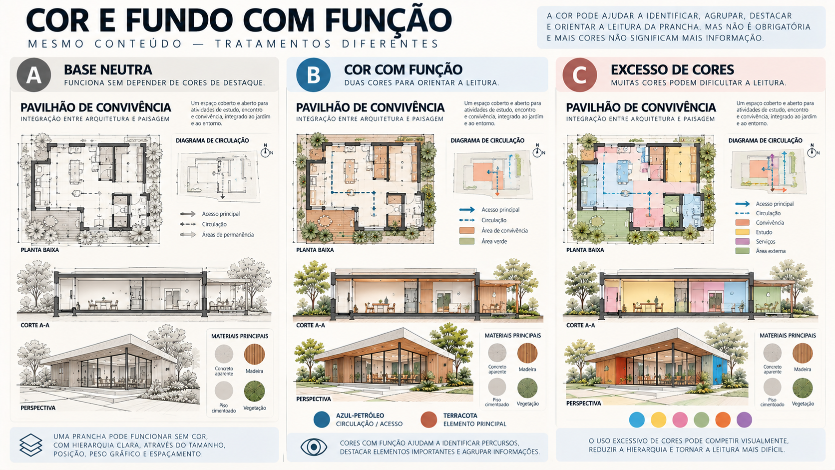 Comparativo da mesma prancha de arquitetura com base neutra, cores usadas para comunicar informações e cores aplicadas sem função clara