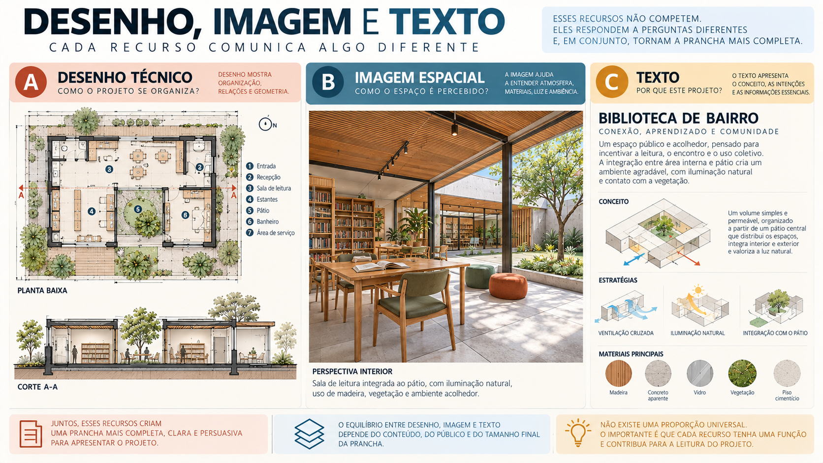 Prancha didática mostrando como desenho técnico, perspectiva e texto cumprem funções complementares na apresentação de um projeto arquitetônico