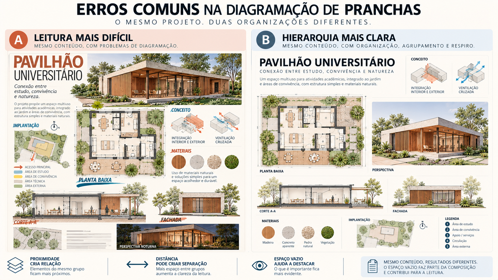 Comparativo de prancha de arquitetura com leitura sobrecarregada e a mesma informação reorganizada com hierarquia mais clara