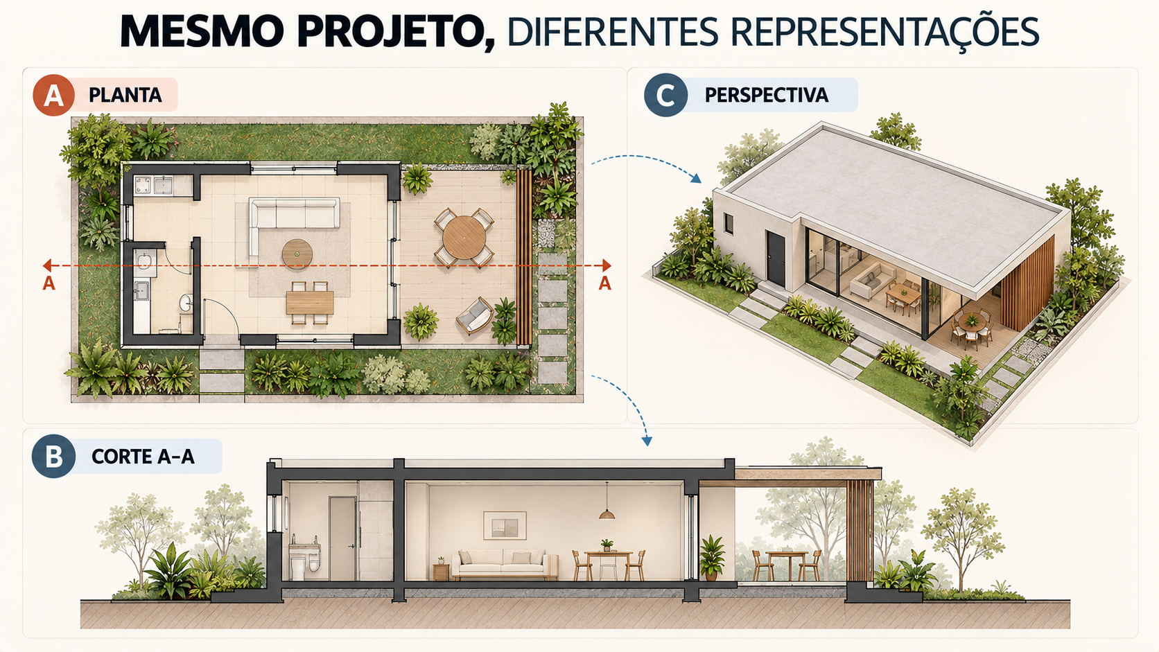 Prancha didática relacionando planta baixa, corte A-A e perspectiva do mesmo projeto arquitetônico