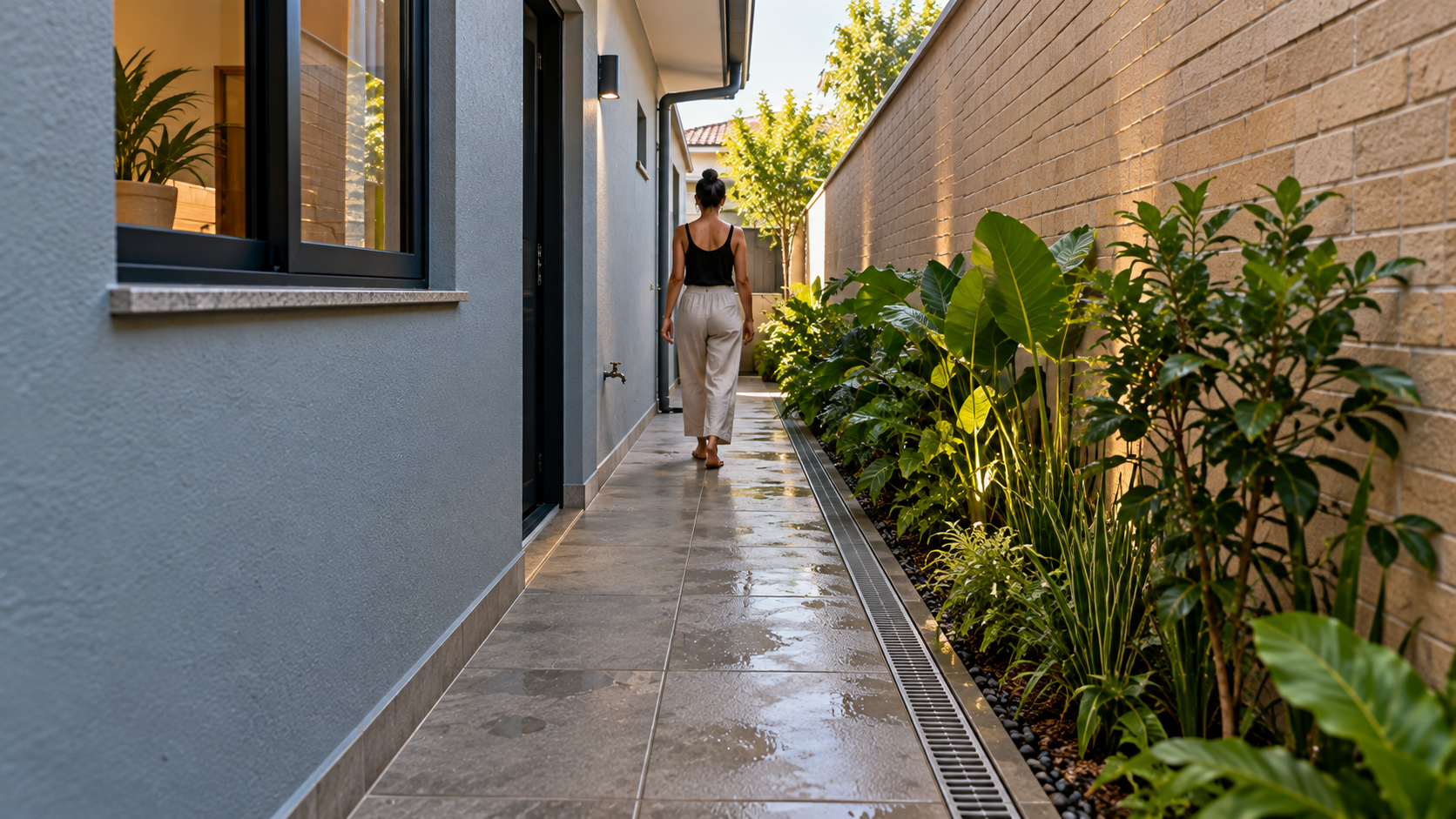 Piso para quintal: tipos, como escolher e qual usar em cada área 20 Corredor lateral estreito com piso externo, jardim e drenagem junto à casa