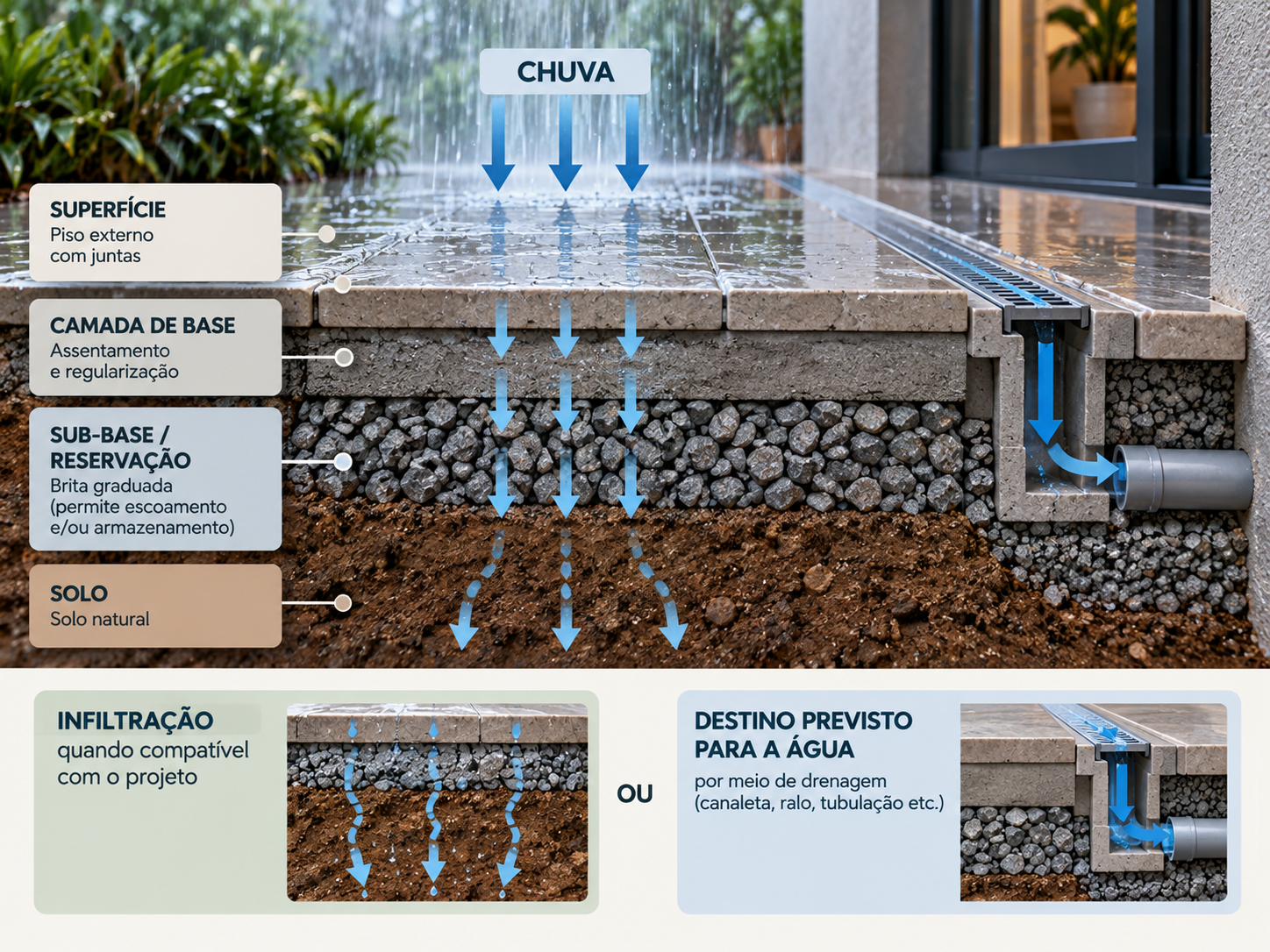 Piso para quintal: tipos, como escolher e qual usar em cada área 23 Corte técnico de piso permeável mostrando água atravessando superfície, base e sub-base