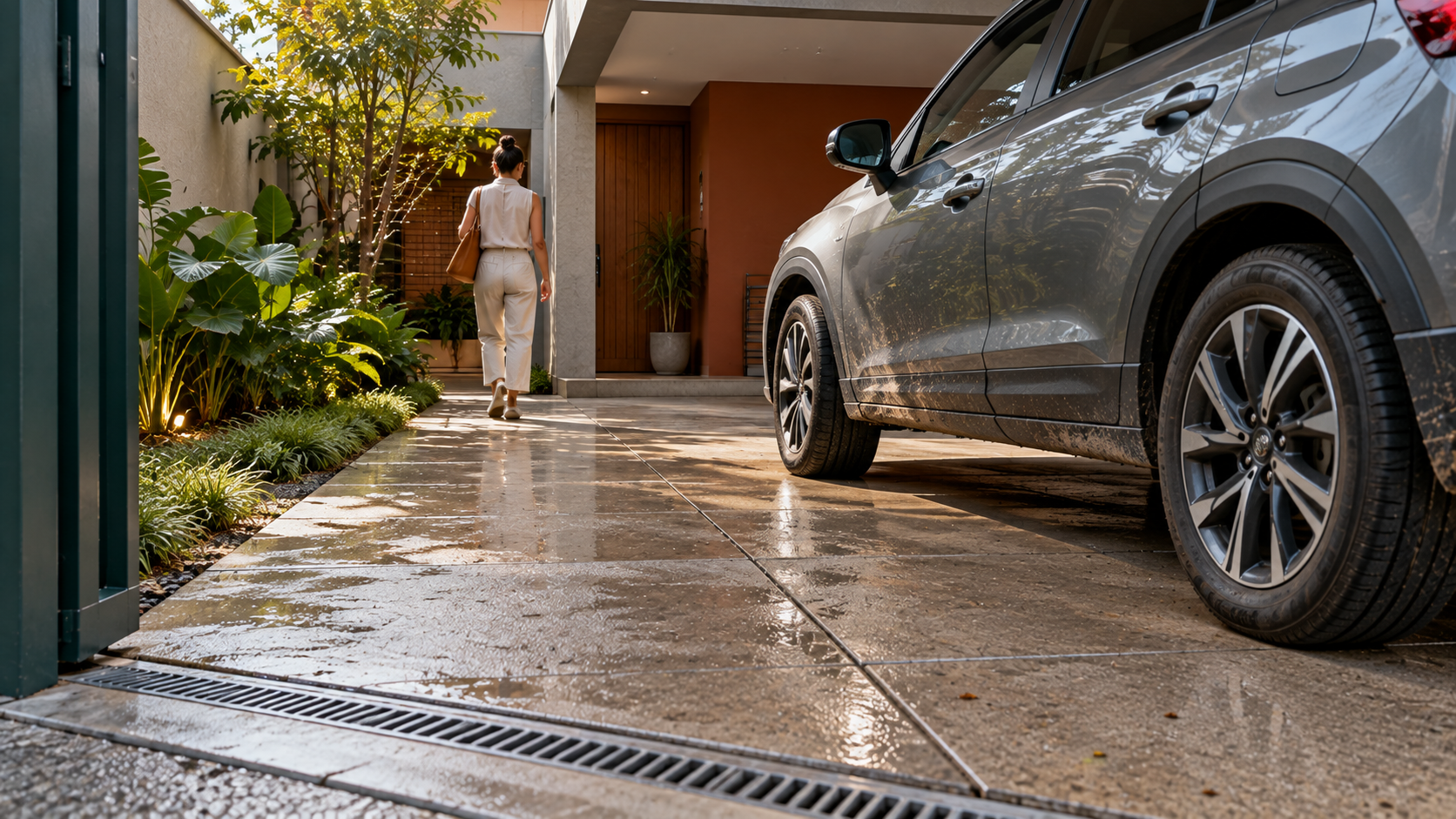 Piso para quintal: tipos, como escolher e qual usar em cada área 21 Garagem integrada ao quintal com carro sobre piso externo, circulação de pedestres e drenagem