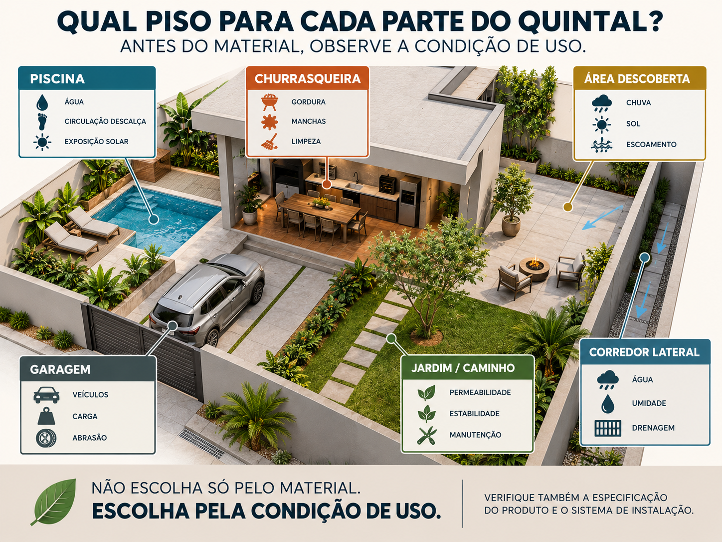 Piso para quintal: tipos, como escolher e qual usar em cada área 16 Infográfico mostrando o que avaliar no piso da piscina, churrasqueira, garagem, corredor, jardim e quintal descoberto