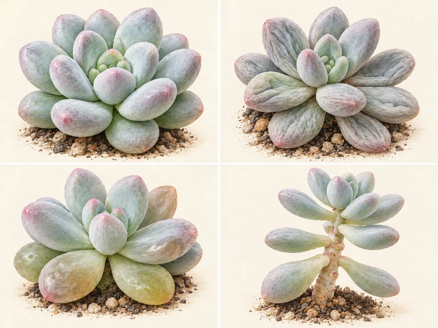 Suculenta Pedra da Lua: guia para cuidar sem perder as folhas 1 Comparação botânica da Pedra da Lua saudável, com folhas enrugadas, folhas translúcidas e caule estiolado.