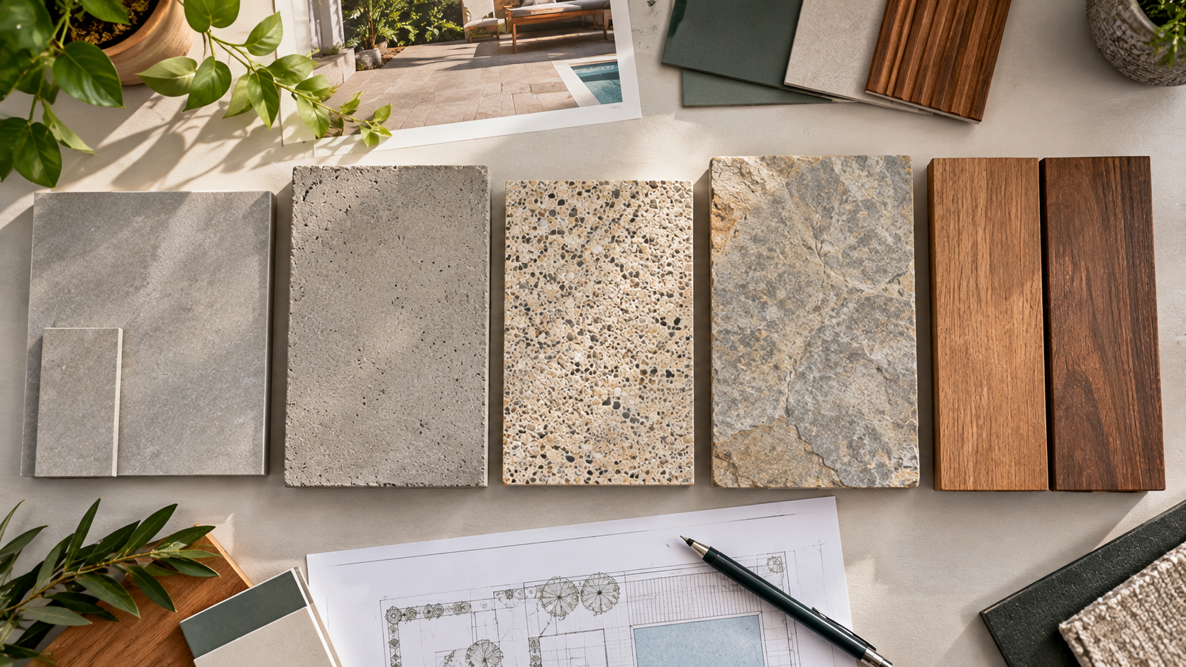 Piso para quintal: tipos, como escolher e qual usar em cada área 22 Comparação visual de porcelanato externo, piso cimentício, fulget, pedra natural e madeira para quintal