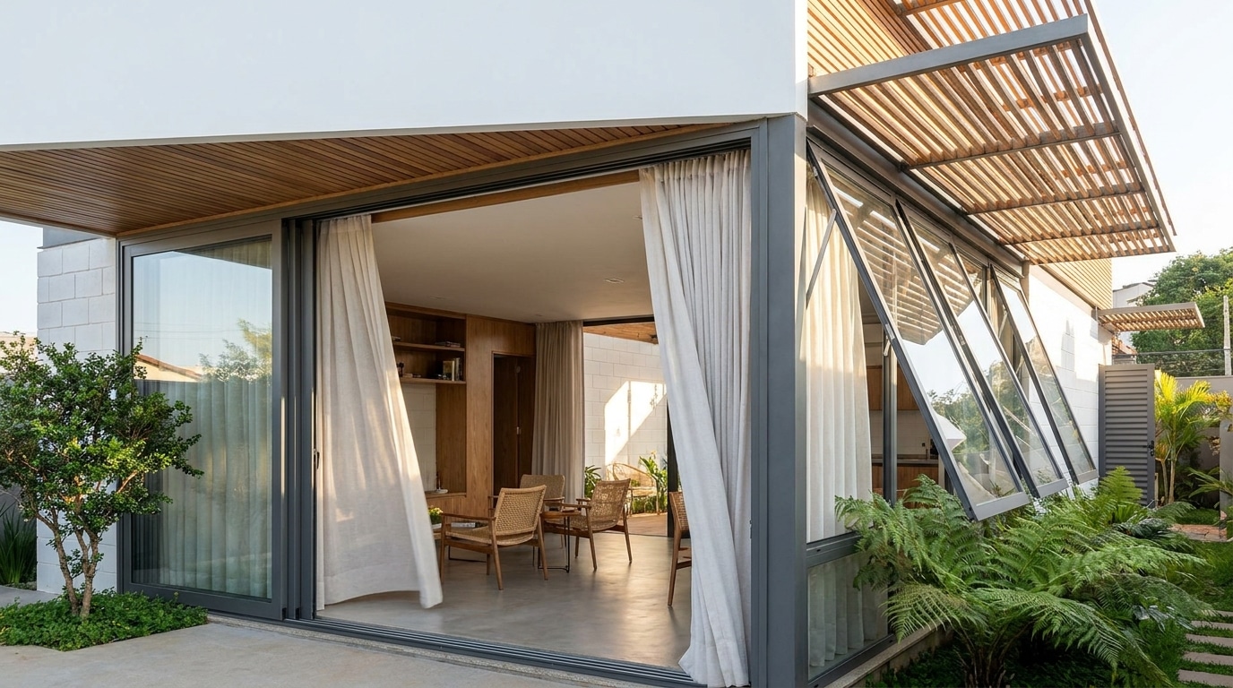 Projeto arquitetônico com janelas e ventilação natural Ventilação cruzada depende da relação entre vento, posição das aberturas e percurso do ar dentro da planta.