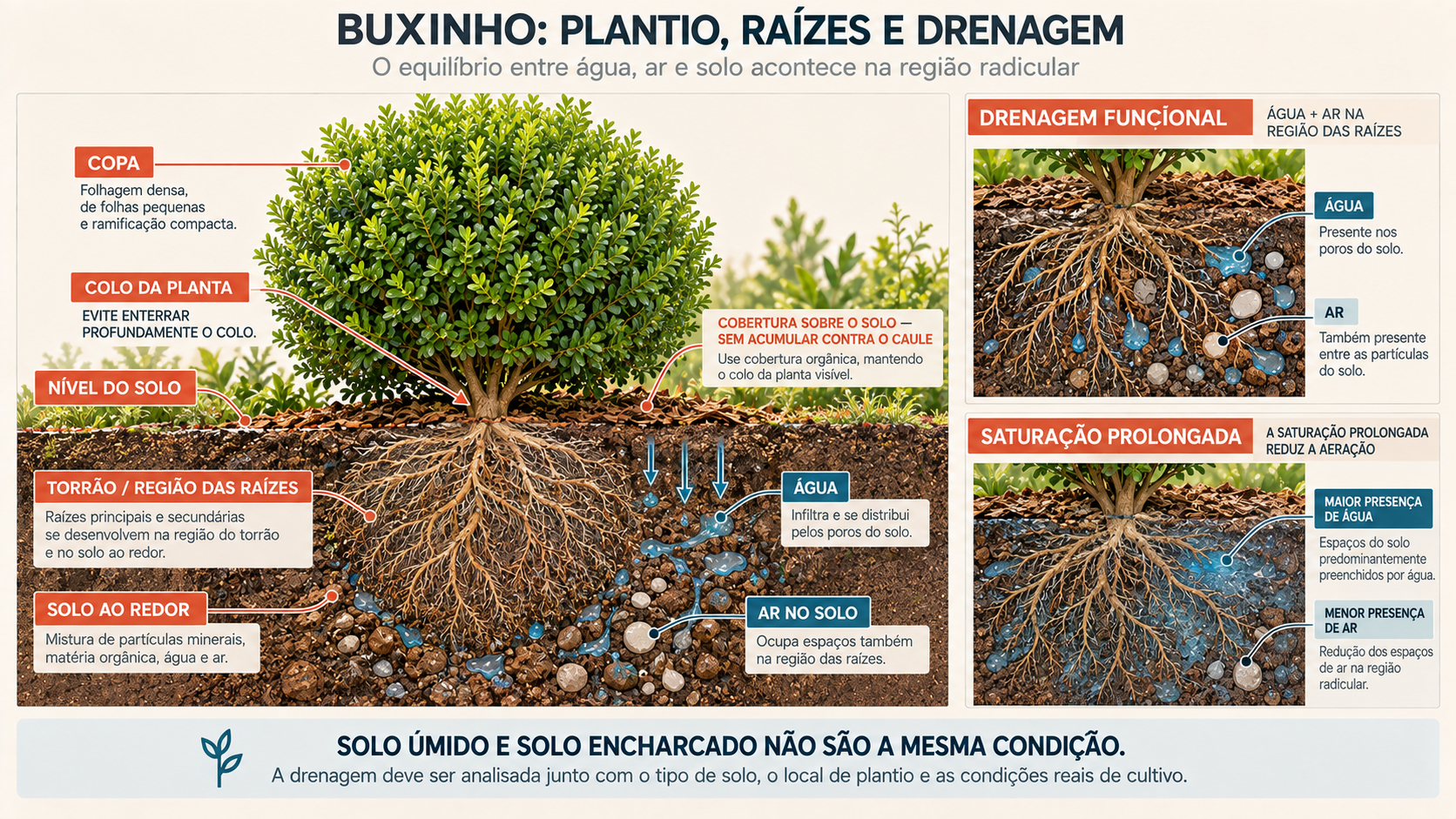 Buxinho: Como Cuidar, Cultivar, Podar e Usar no Jardim 11 Corte técnico do plantio de buxinho mostrando colo, raízes, solo, água e drenagem