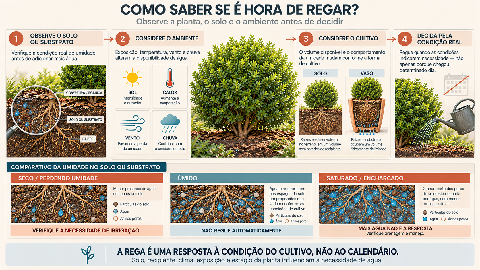 Buxinho: Como Cuidar, Cultivar, Podar e Usar no Jardim 13 Infográfico mostrando como avaliar solo, ambiente e tipo de cultivo antes de regar o buxinho