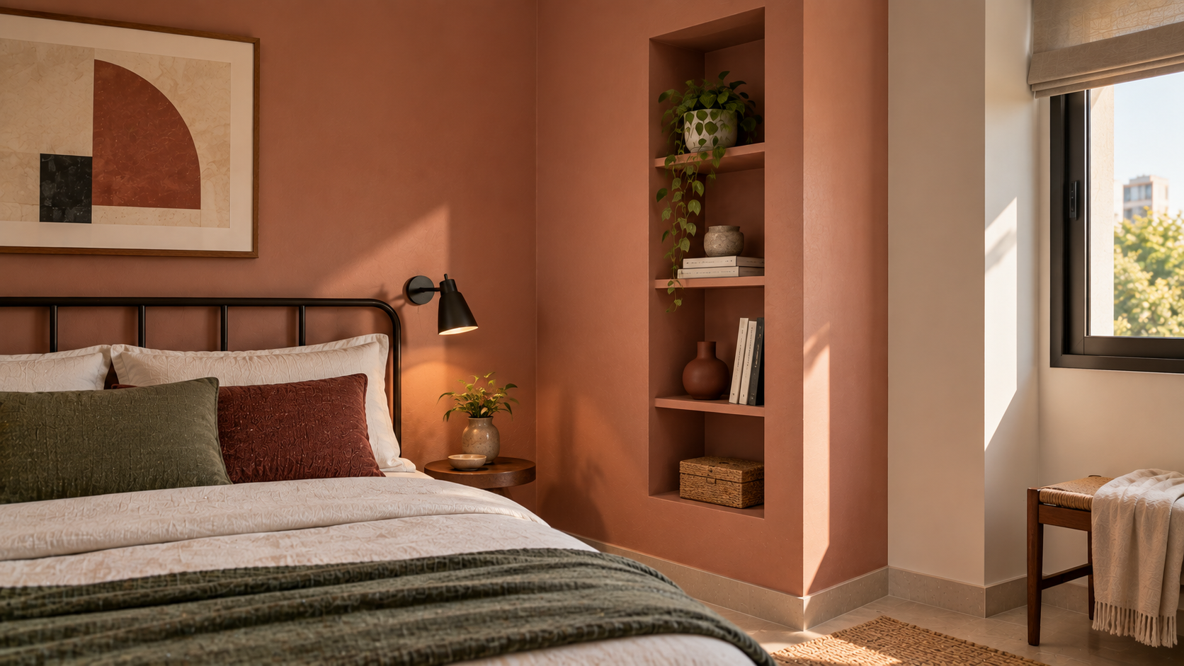 Nicho vertical embutido na parede de um quarto contemporâneo