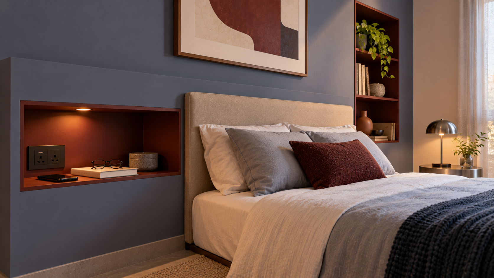Nichos integrados à cabeceira da cama para apoio e decoração