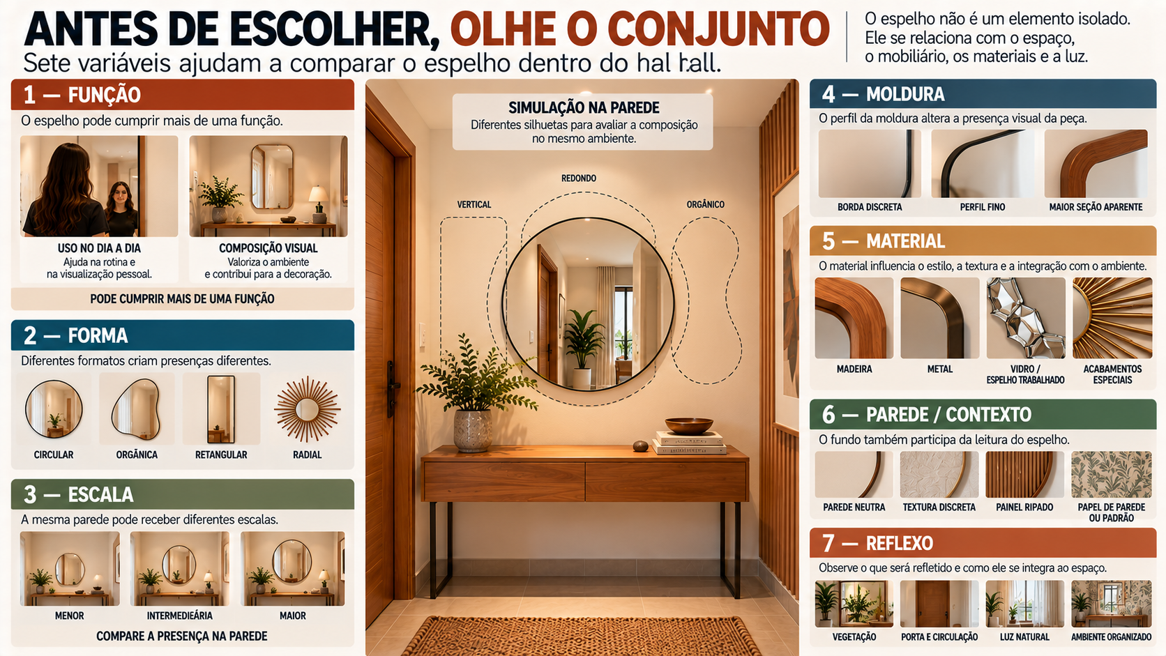Espelho Decorativo para Hall de Entrada: Tipos, Formatos e Molduras 9 Checklist visual para escolher espelho decorativo considerando função, forma, escala, moldura, material, parede e reflexo
