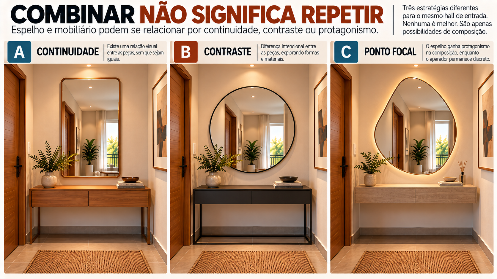 Espelho Decorativo para Hall de Entrada: Tipos, Formatos e Molduras 8 Mesmo hall comparado com espelho e aparador em relações de continuidade, contraste e ponto focal