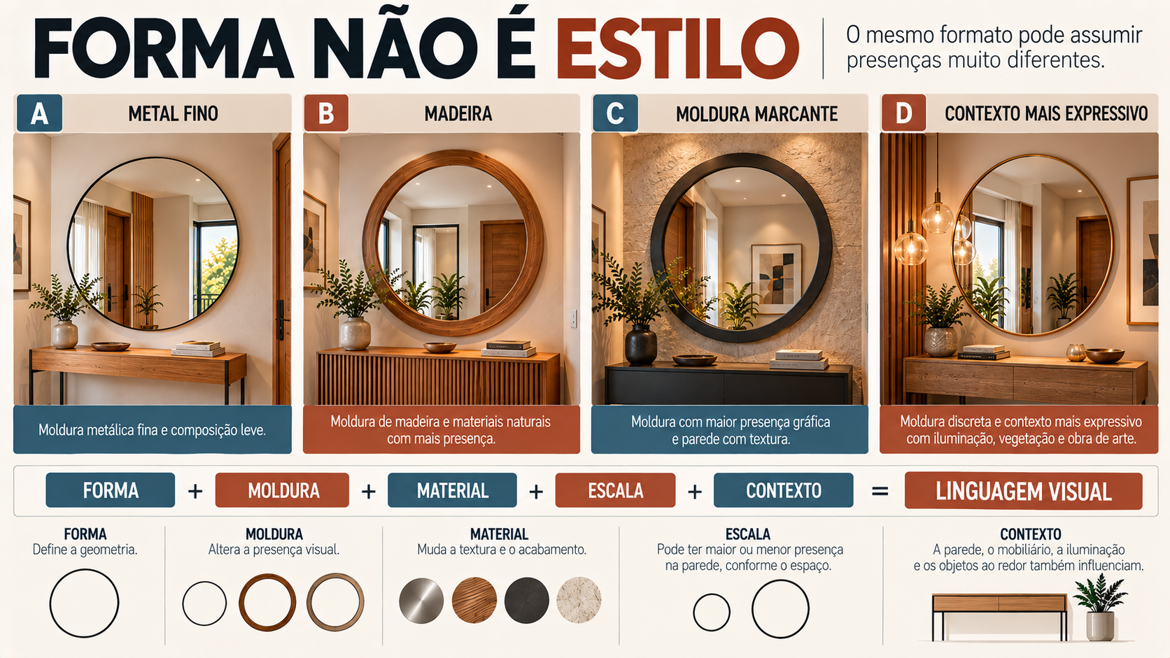 Espelho Decorativo para Hall de Entrada: Tipos, Formatos e Molduras 1 Infográfico comparando espelhos redondos com diferentes molduras, materiais e contextos para mostrar que formato não determina estilo