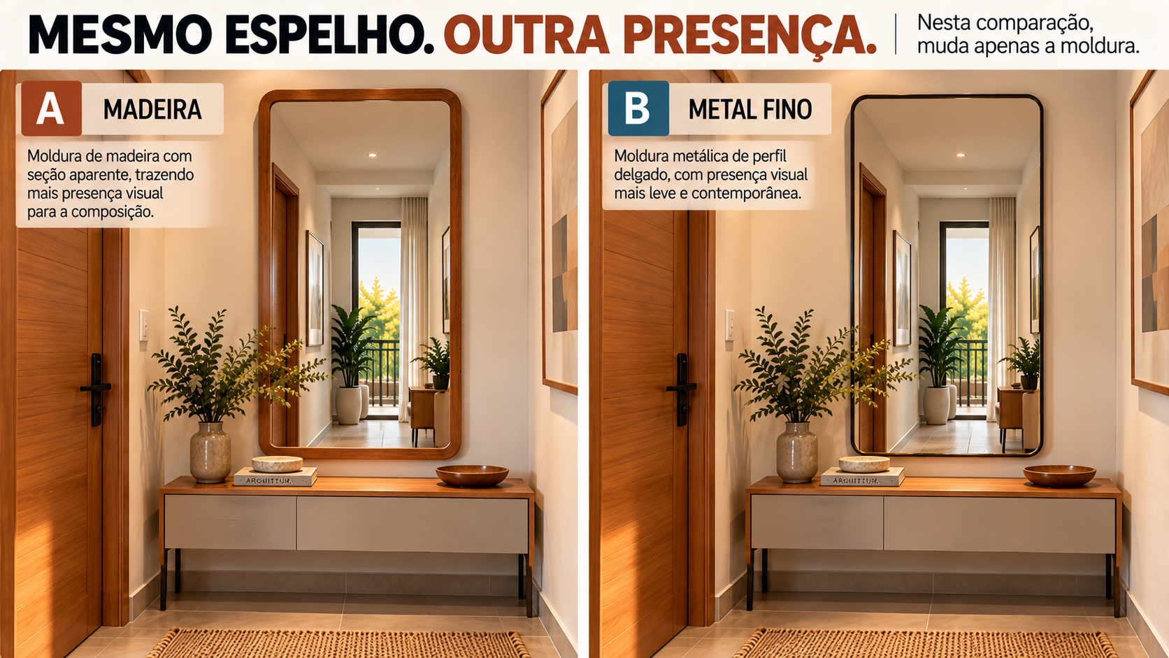 Espelho Decorativo para Hall de Entrada: Tipos, Formatos e Molduras 5 Mesmo espelho em hall de entrada comparado com moldura de madeira e moldura metálica fina