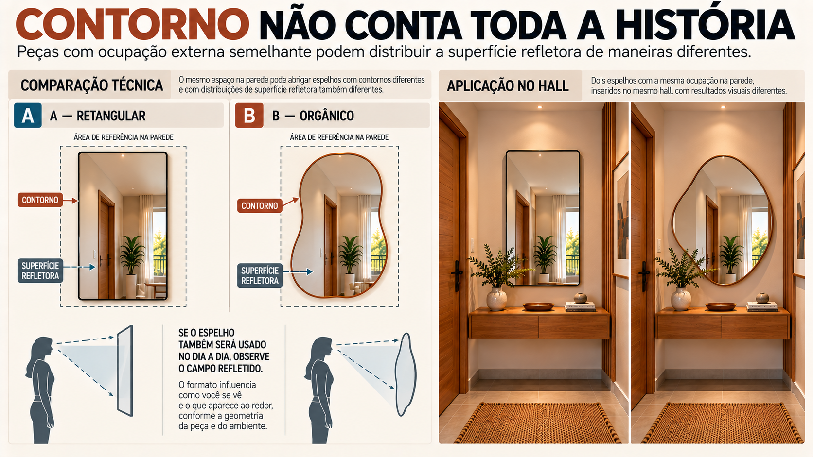 Espelho Decorativo para Hall de Entrada: Tipos, Formatos e Molduras 3 Comparação entre espelho retangular e orgânico mostrando diferença entre contorno externo e superfície refletora