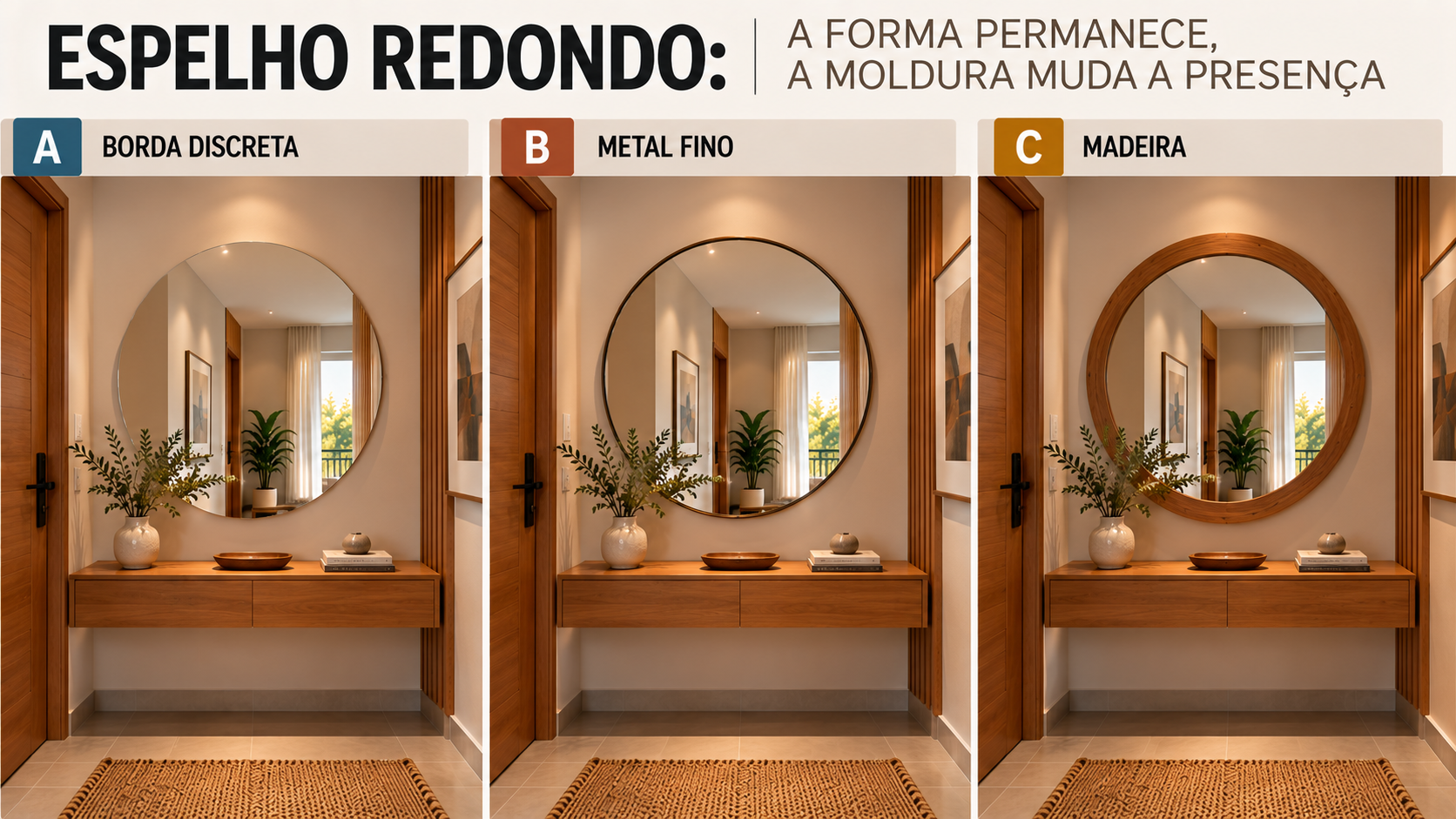 Espelho Decorativo para Hall de Entrada: Tipos, Formatos e Molduras 2 Comparação de espelhos redondos com moldura discreta, metal fino e madeira no mesmo hall de entrada