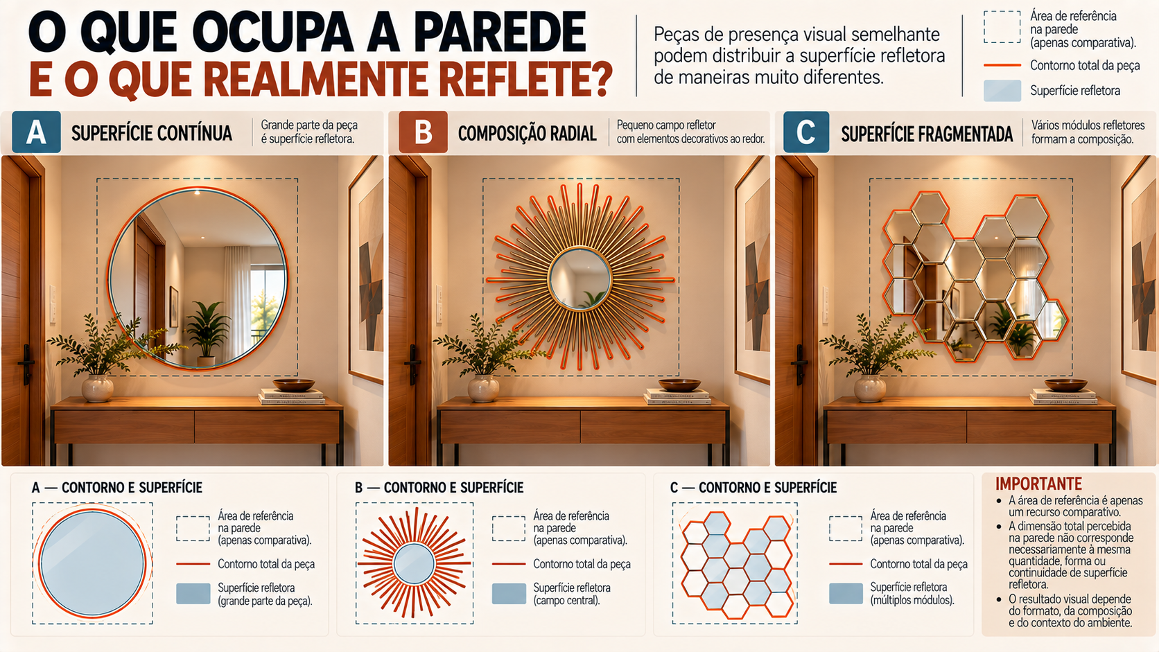 Espelho Decorativo para Hall de Entrada: Tipos, Formatos e Molduras 7 Comparação entre espelho convencional, espelho-sol e composição geométrica mostrando diferentes distribuições da superfície refletora