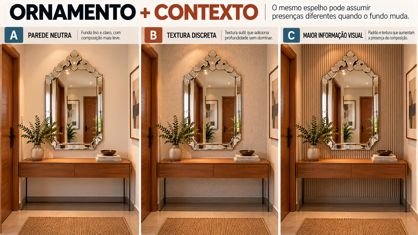 Espelho Decorativo para Hall de Entrada: Tipos, Formatos e Molduras 6 Mesmo espelho veneziano comparado sobre parede neutra, textura discreta e fundo com maior informação visual